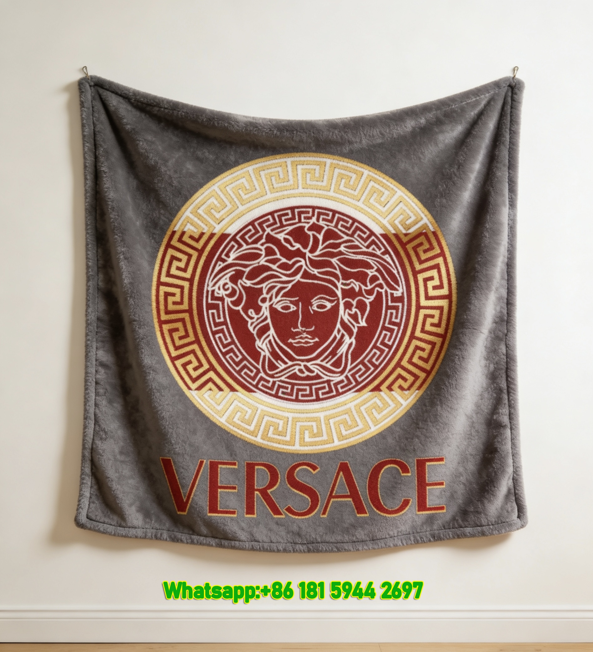Versace Grey Red Gold Medusa Greek Key Print Flannel Sofa Throw Blanket IMG_1441